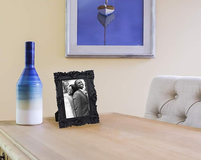 Laura Ashley 5x7 Black Ornate Textured Hand-Crafted Resin Picture Frame with Easel & Hook for Tabletop & Wall Display, Decorative Floral Design Home Décor, Photo Gallery, Art, More (5x7, Black)