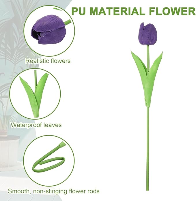 uxcell 20pcs Tulips Artificial Flowers, Faux Flowers Silk Fake Tulip Stems Real Touch for Wedding Bouquet Centerpiece Table Party Decoration(Dark Purple)