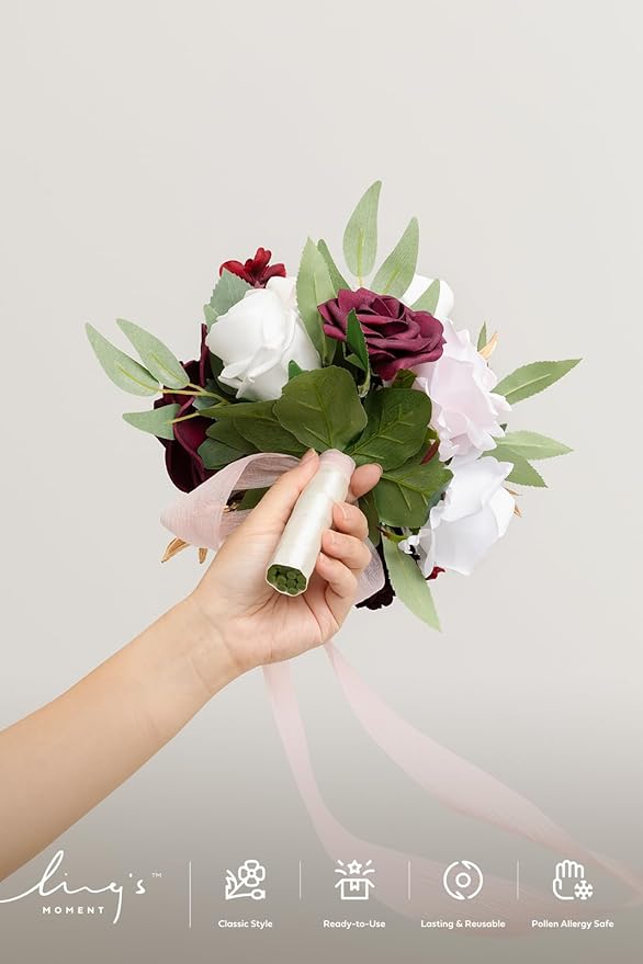 Ling's moment Artificial Flowers Red Bridesmaid Bouquet, Marsala & Blush Wedding Flowers Bouquets for Bridesmaids, 7 Inch Bridal Bouquets for Bridesmaids, Wedding Decor, Ceremony, etc