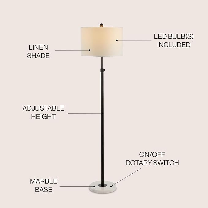 JONATHAN Y 65" Oil Rubbed Bronze and White Marble Adjustable LED Floor Lamp, Modern Glam Standing Light for Living Room Bedroom, White Linen Shade, Bulb Included (JYL3022B)