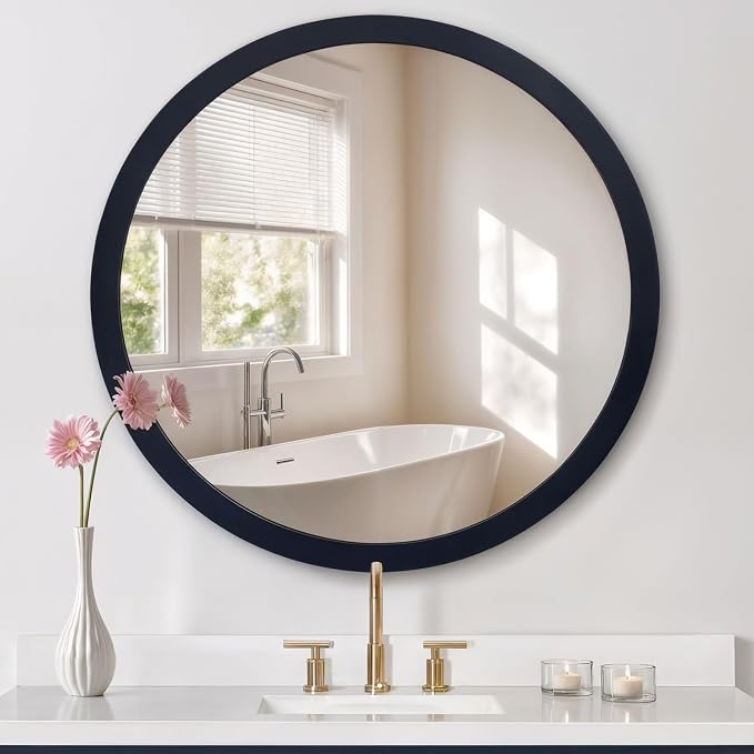 ARIEL Round Wooden Mirror 36" in Midnight Blue, Wood Circle Wall Mirror for Bathroom, Vanity, Entryway & Living Room Decor, Farmhouse Style