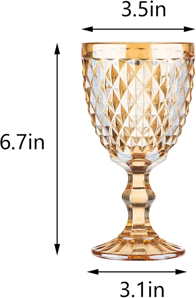 Vintage Wine Glasses Set of 6, 10 Ounce Colored Glass Water Goblets, Unique Embossed Pattern High Clear Stemmed Glassware Wedding Party Bar Glass Drinking Cups Diamond Amber