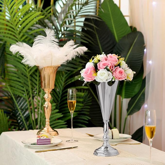 Set of 2 Tabletop Metal Wedding Flower Trumpet Vase Wedding Centerpiece Flower Vase for Wedding Event Decoration Living Decor Party Decor (Silver, 2×M)