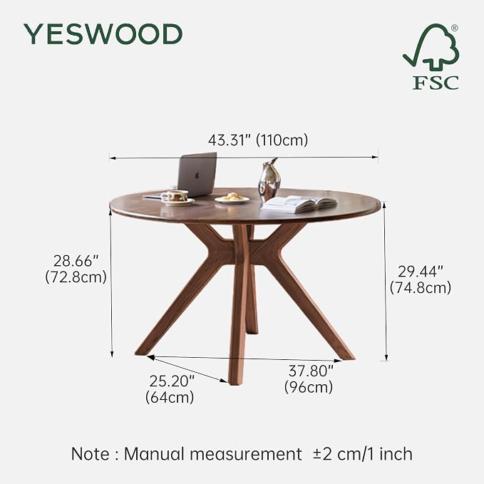 YESWOOD 43.3’’ Round Black Walnut Dining Table for 4-6, Solid Wood Kitchen Table with Intersecting Pedestal Base, Farmhouse Circle Table for Dining Room, Living Room