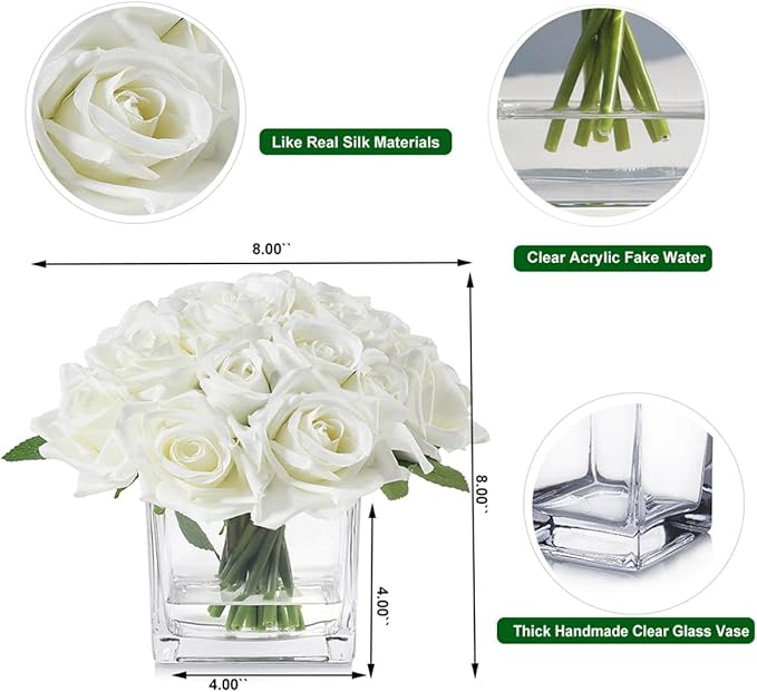 18 Heads Artificial Flowers in Vase with Fake Water, Faux Rose with Vase for Dining Table Bedroom Wedding Decor (Cream)