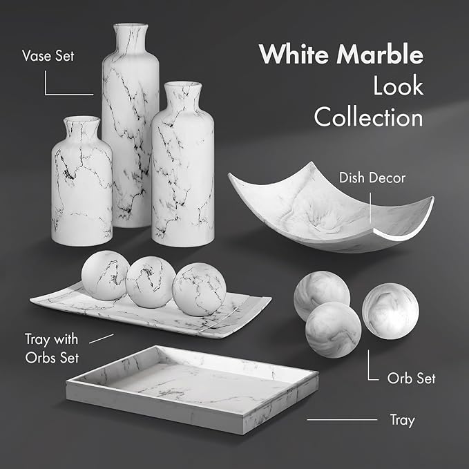 Creative Scents White Marble Look Vase Set with Matching Decor Tray, Perfect for Holding Pampas Grass, Dried/Fresh Flowers, Vases for Your Kitchen, Bedroom, Office, Living Room, Bathroom, Shelf Decor