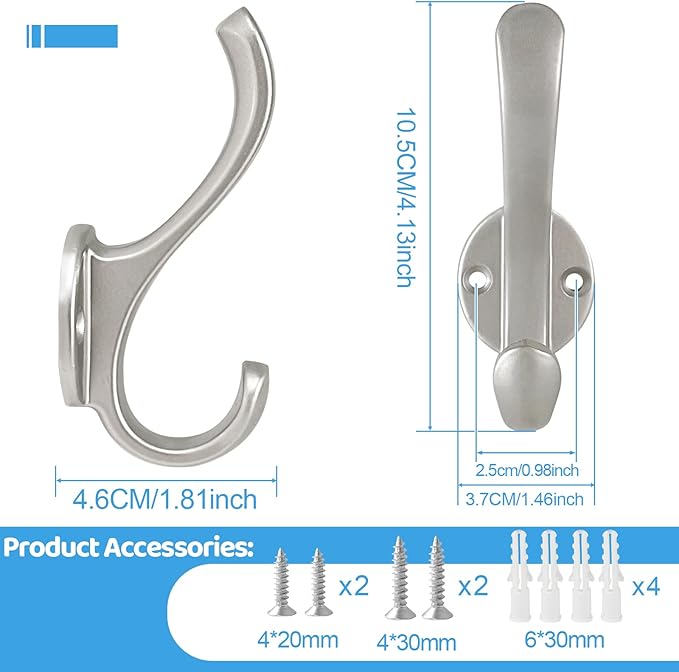 4 Pack Coat Hooks Wall Mount Heavy Duty Utility Retro Double Hooks for Hanging Coats,Hat, Towel, Key, Robe, Scarf, Bag, Cap (Silver)