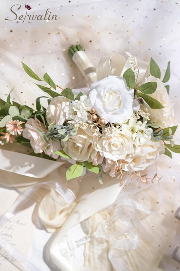 Serwalin 9.8 Inch Wedding Bouquets for Bride Bridesmaid, Champagne Rose Bridal Bouquets for Bride, Wedding Flowers Bouquet Tossing Bouquet, Wedding Ceremony and Anniversary Day Decoration
