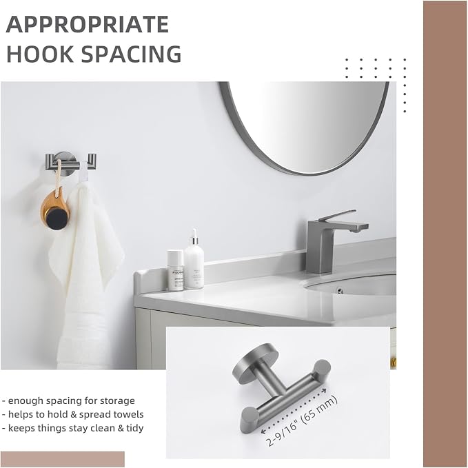 Angle Simple Double Towel Hook, SUS304 Stainless Steel Bathroom Robe Hook for Wall, Hand Towel Holder, Gunmetal Gray