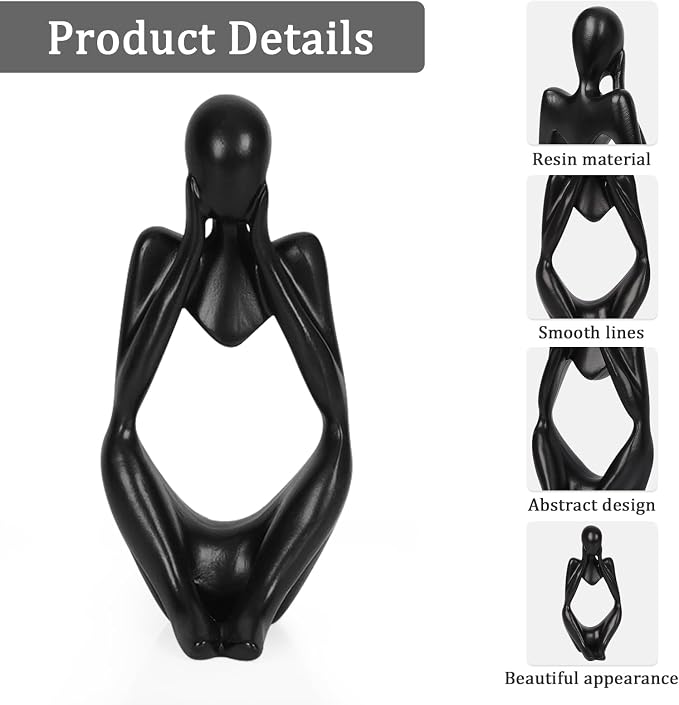 Sandstone Resin Thinker Style Abstract Sculpture Statue Collectible Figurines Home Office Bookshelf Desktop Decor (Small Black, Focus)