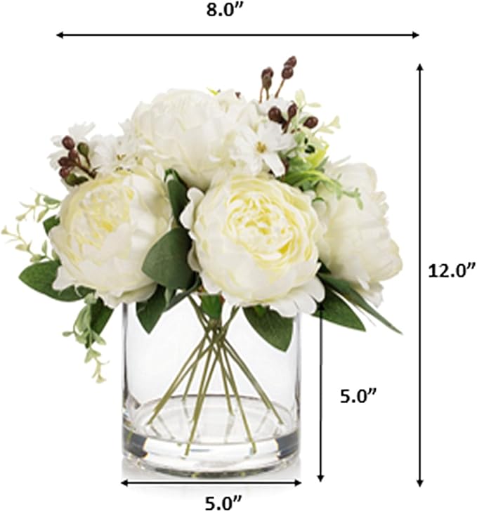 ENOVA FLORAL Artificial Flower Arrangement with Vase,Mixed Artificial Fake Silk Peony Flower in Vase for Decoration Home Office, Wedding Centerpiece (Cream01)