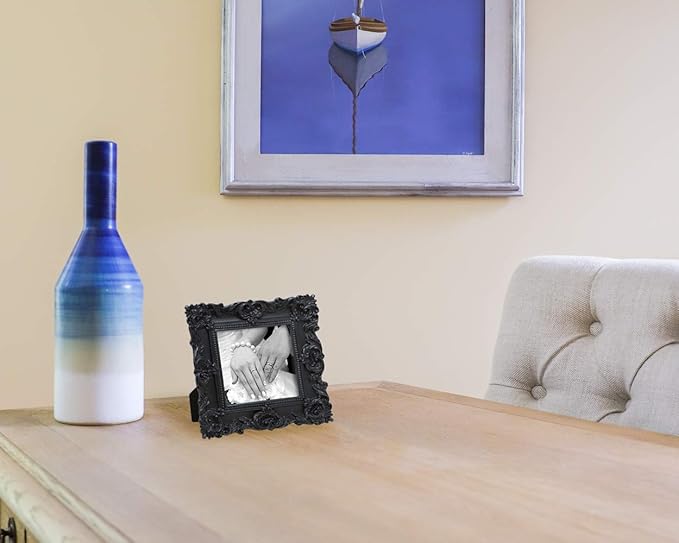 Laura Ashley 4x4 Black Ornate Textured Hand-Crafted Resin Picture Frame with Easel & Hook for Tabletop & Wall Display, Decorative Floral Design Home Décor, Photo Gallery, Art, More (4x4, Black)