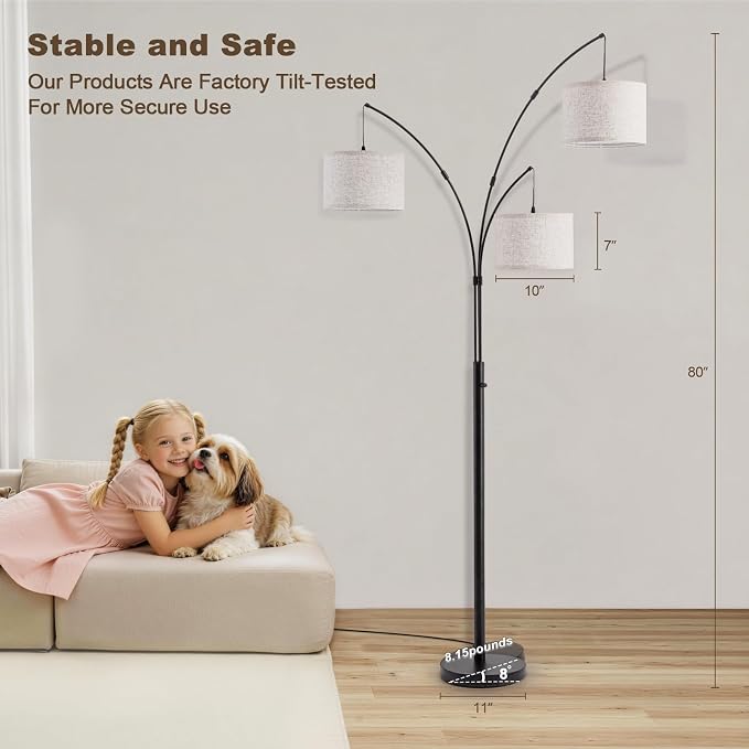 Netin Arc Floor Lamp with Remote, 3 Light Floor Lamp for Living Room Bright Lighting, 3 Color Temperature, Dimmable Tall Standing Lamp, Mid Century Tree Floor Lamp for Bedroom Office