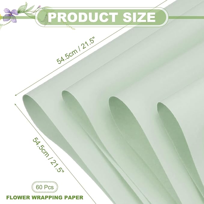 uxcell 60 Sheets Flower Wrapping Paper, 21.5" x 21.5" Waterproof Floral Bouquet Wrapping Papers Florist Supplies for Wedding Party Gift Packaging DIY Crafts, Light Green