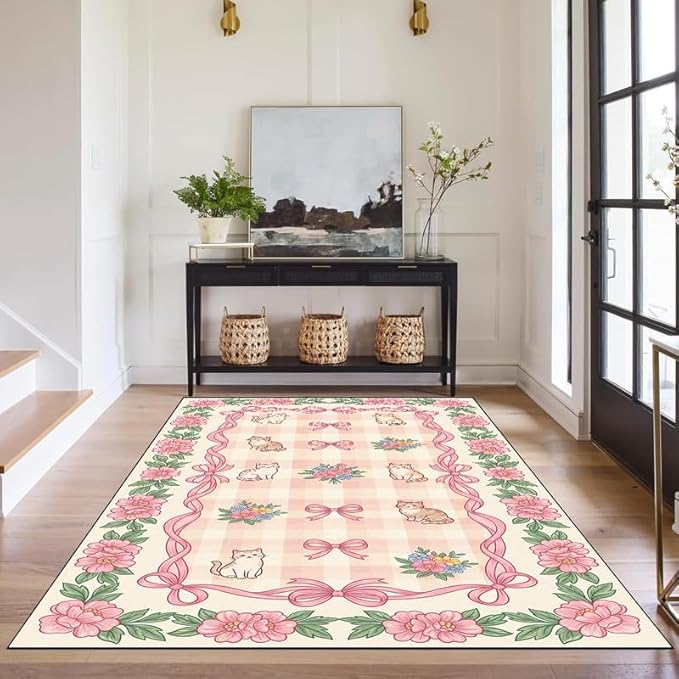 3'x5' Cat Floral Area Rug Pink Bow Flower Carpet Washable Rug Cute Cartoon Boho Floor Mat for Entryway Bedroom Living Room Nursery Playroom Classroom Home Decor