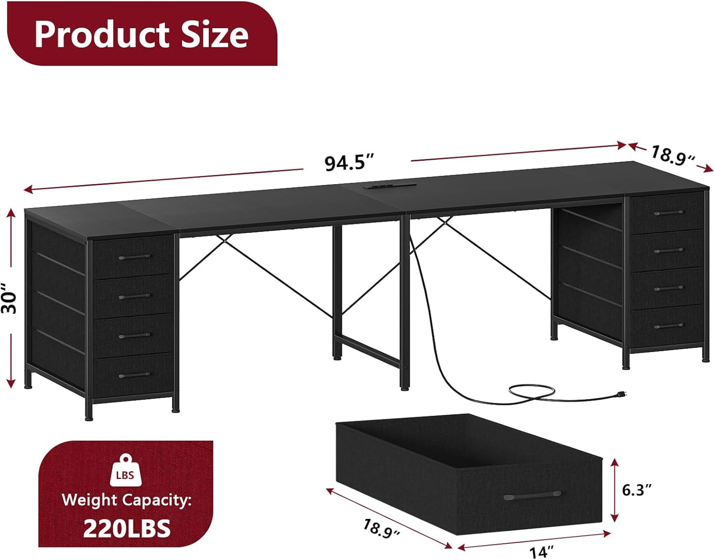 TVU 95 | Large 2-Person Writing Desk with 8 Drawers & Outlets - I-Shaped Home Office Workstation