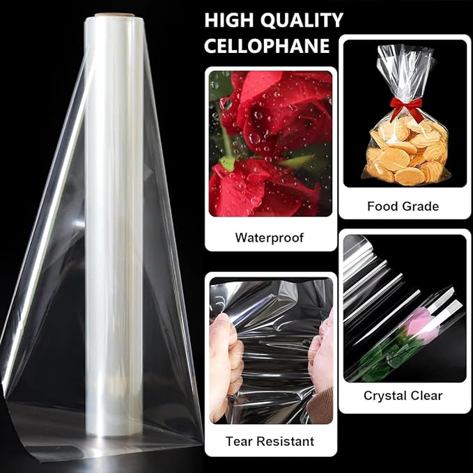 SMART&CASUAL 16" x 150' Clear Cellophane Wrap Roll 3 Mil Thick Wrapping Plastic Film for for Gift Basket Treats Goodie Bouquet Flower Wrapping Covering Packing Supplies