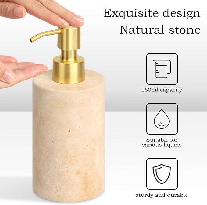 Natural Marble Soap Dispenser for Bathroom and Kitchen Countertop - 5.41 Ounces Hand Lotion and Liquid Stone Shampoo Laundry Bottle with Pump (1, Travertine, Cylindrical Bottle)