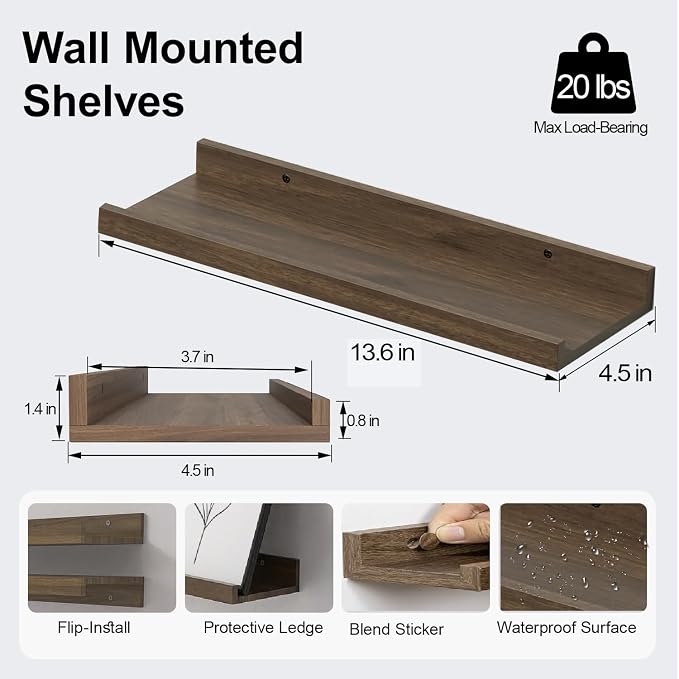 Floating Shelves for Wall Decor, Wall Mounted Wood Storage Shelf for Bedroom, Living Room, Bathroom, Kitchen, Nursery, Display Picture Ledge Shelf with Lip Set of 2-14 Inches, Walnut