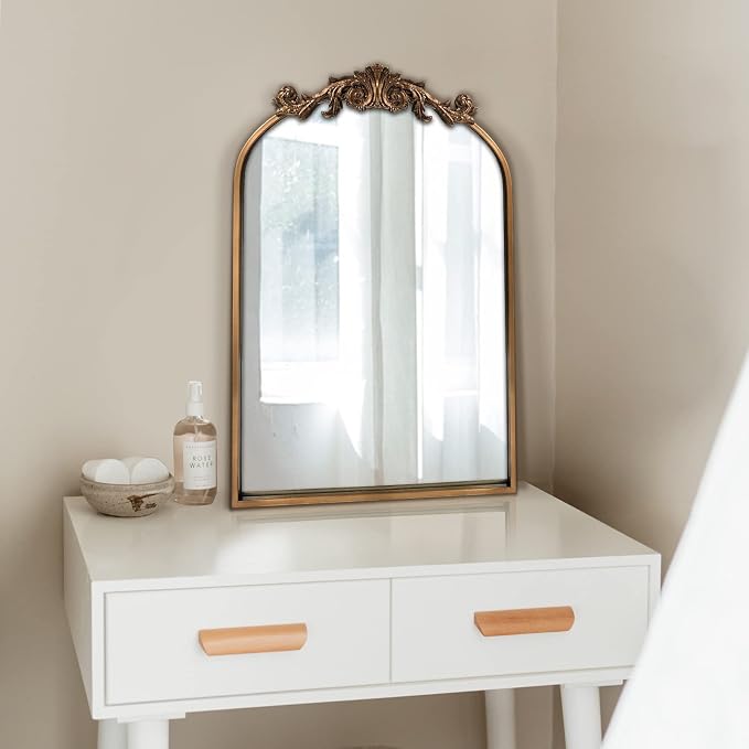 OUSHUAI Gold Traditional Vintage Ornate Baroque Mirror,Gold Brass Mirror for Wall,Victorian Antique Bronze Mirrors Arched for Bathroom/Living Room/Hallway/Fireplace 19"X27"