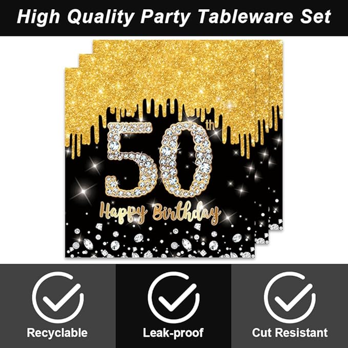 40Pcs 50th Birthday Decorations Black and Gold Cheers to 50 Years Plates and Napkins Sets Party Supplies for 20 Guests 50th Birthday Decorations Men Women