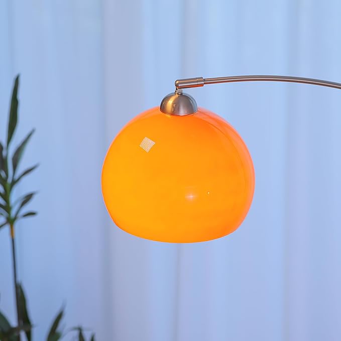Orange Arc Floor Lamp, Mid Century Modern Arched Floor Lamp with Orange Glass Shade, Adjustable Height & Reach, Brushed Nickel Stainless Steel, White Marble Base Standing Lamp for Living Room Bedroom