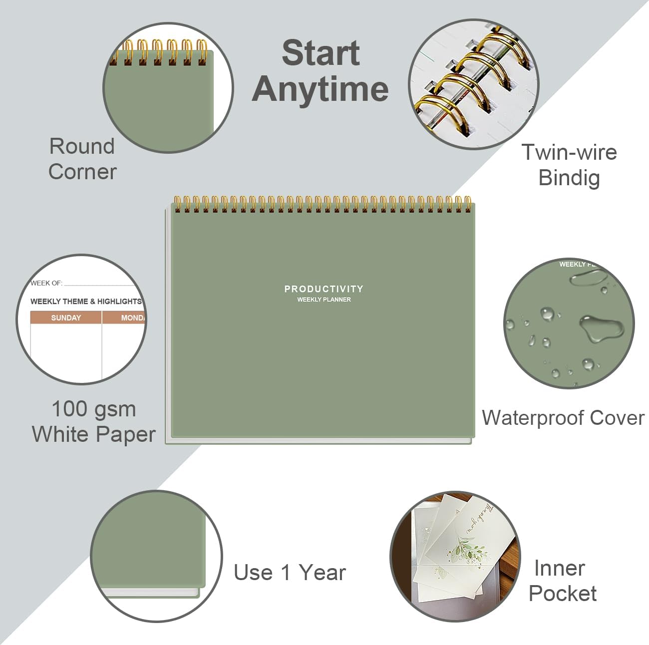 Weekly Productivity Planner | 8.5" x 11" Desk Notepad with 6 Focus Areas for Efficient Task Management - Green