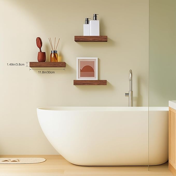 Floating Shelves, Walnut-Like Wooden Set of 3 Wall Mounted Bathroom Shelves Over Toilet, Modern Small Hanging Shelves for Bedroom Living Room Kitchen Rustic Home Decor, 12" x 7" x 1.5"