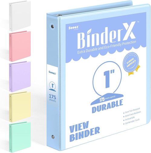 BinderX Extra Durable 1-Inch 3-Ring Binder - Customizable View Cover & Inside Pockets | Blue, Fits 175 Sheets
