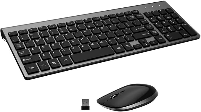 FENIFOX Keyboard and Mouse Wireless, USB 2.4GHz Combo Silent Quiet Low Profile Compact Full Size Flat Slim Thin Portable with Number Pad Soft Cover for PC Laptop Computer Office - Black & Grey