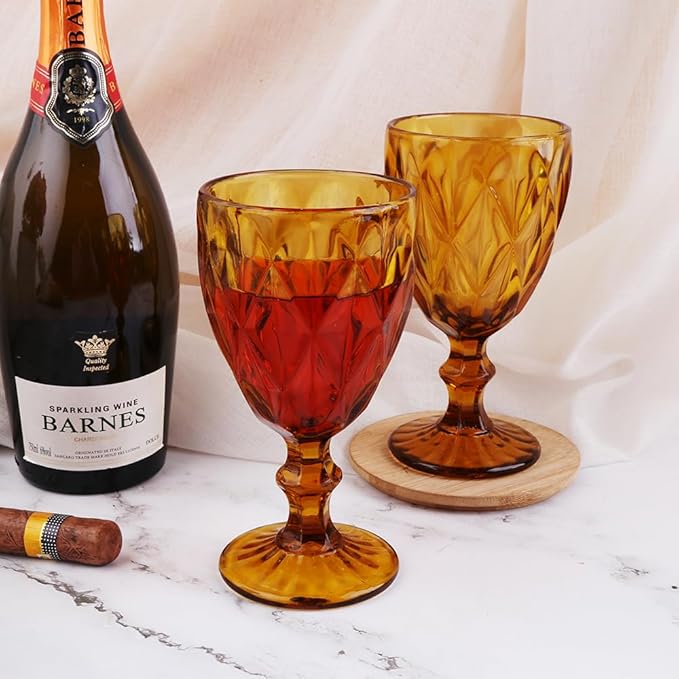 Pure Amber Wine Glasses 6Pcs a Set Solid Colors Glass Goblets Colorful Dishwasher Safe Colored Glassware With An Embossed Vintage Never Fade Colored Goblets Pattern Like Crystal (Glass, Amber)