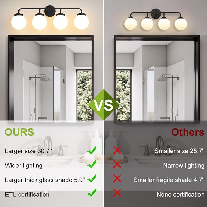 Bathroom Light Fixtures Over Mirror, 4-Light Matte Black Vanity Lighting with Milk White Glass Globe Shades Modern Wall Sconce