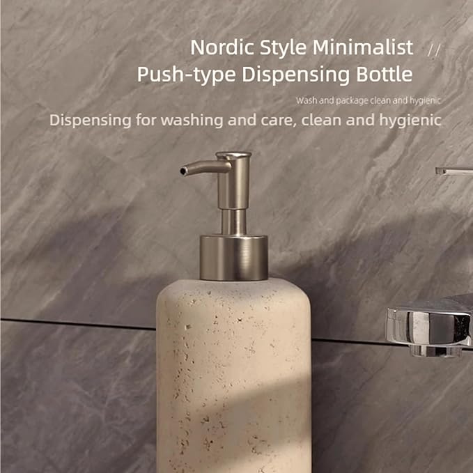Soap Dispensing Refillable Stone Soap Dispenser Beige Travertine Liquid Shampoo Bottles Marble Hand Soap Dispenser for Bathroom Kitchen New Home Essentials