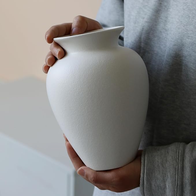 Large White Ceramic Flower vase, Modern Centerpiece Table Decorations,Round Shape Rustic Ceramic vases for Home Decor Dining Room (White, 0620)