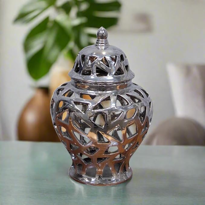 Urban Trends 21285 Ceramic Urn Vase with Cutout Triangle Design, Silver