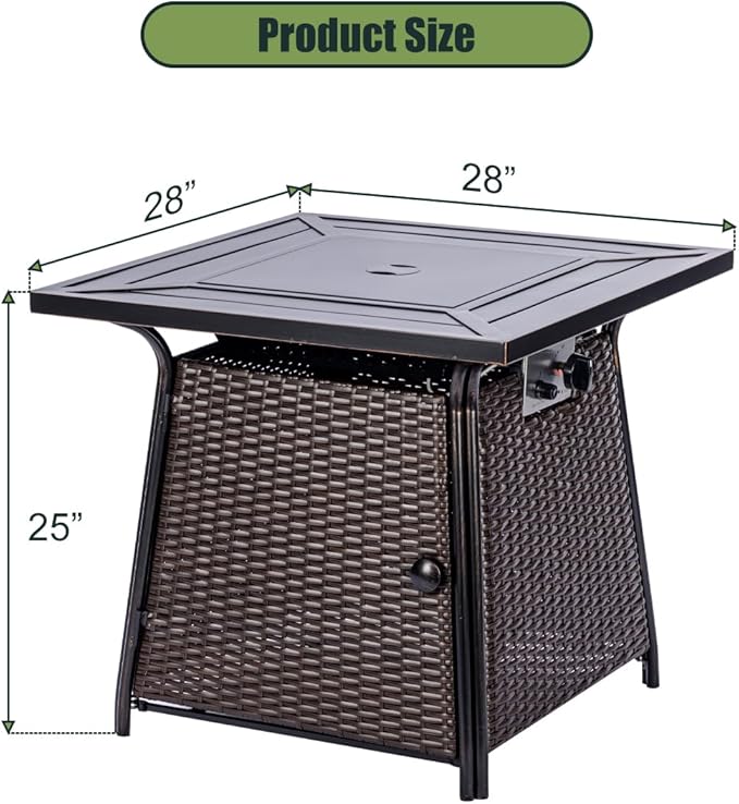 OutVue 28 inch Wicker Propane Fire Pit Table,Gas Fire Pits Table for Outside,50000 BTU Propane Firepit with Lid &Lava Rocks,Gas Firepit for Garden,Yard (Brown Rattan)