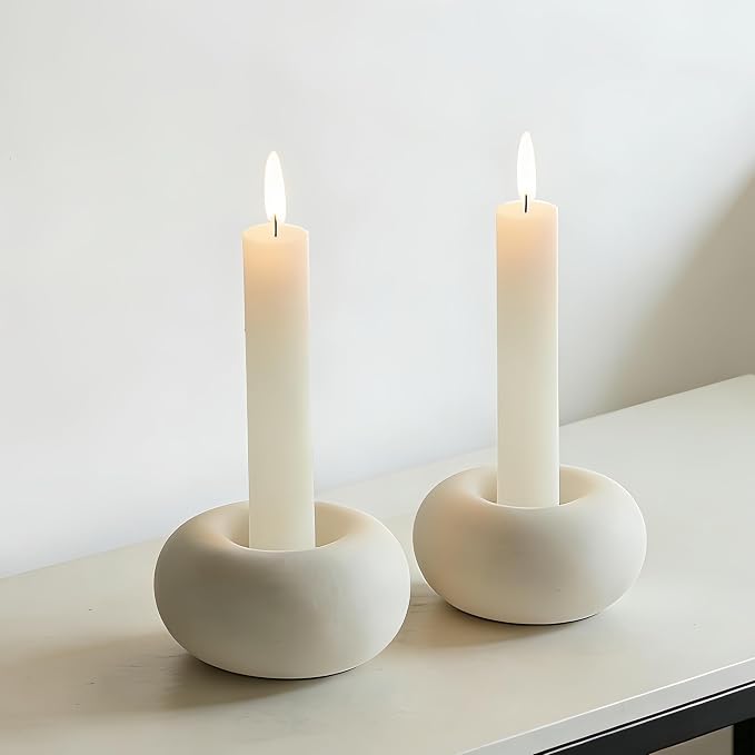 Nordic Minimalist White Ceramic Candle Holder - Round Modern Tealight Holder, Elegant Dinner Table Centerpiece Decor for Living Room, Bedroom, Wedding, Bathroom (4.1x2.4 Inch) (White)