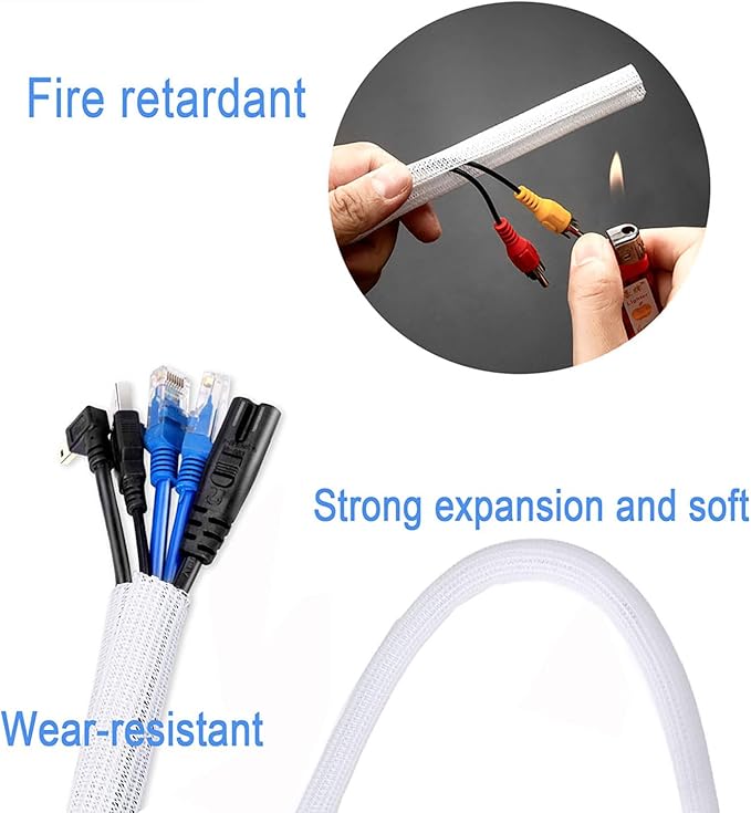 3/4"-25ft Braided Cable Sleeve Protector - Self-Wrapping Split Wire Loom for Home Theater, Pet-Proof Cord Organizer, Heat-Resistant, White
