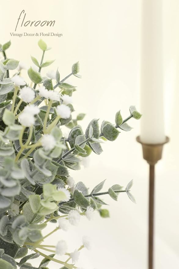Floroom Artificial Flocked Eucalyptus Stems Faux Greenery Spray, 18pcs Best Filler Fake Plants for DIY Wedding Bouquet Centerpieces Arrangement