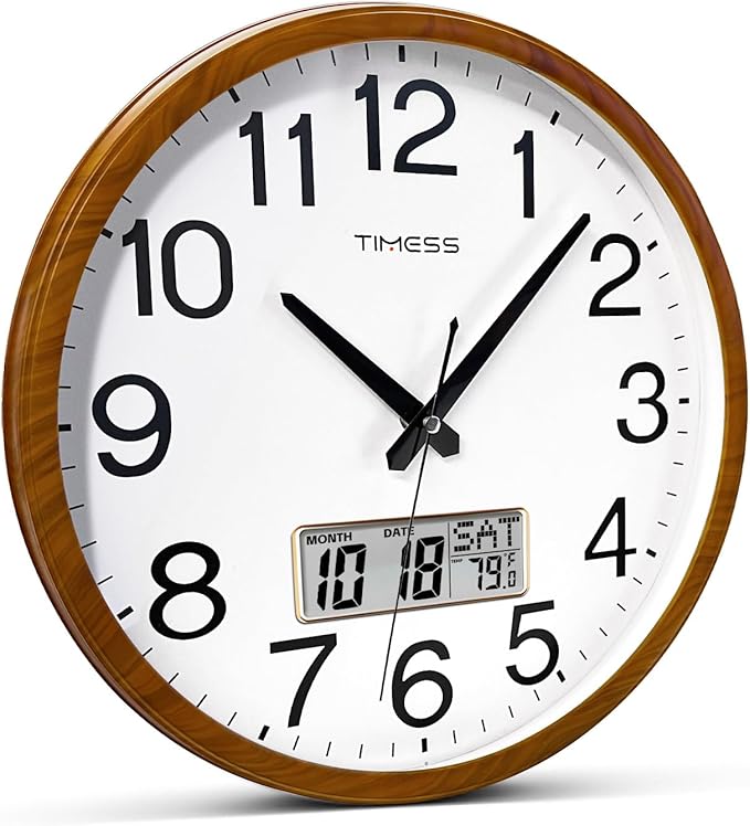 TIMESS Wall Clock, Classic Wood Style Finish, 11 Inch Non-Ticking Silent Battery Operated Quartz Analog with Perpetual Calendar and F° Temperature Display, Home, Office Décor (Wood Yellow)