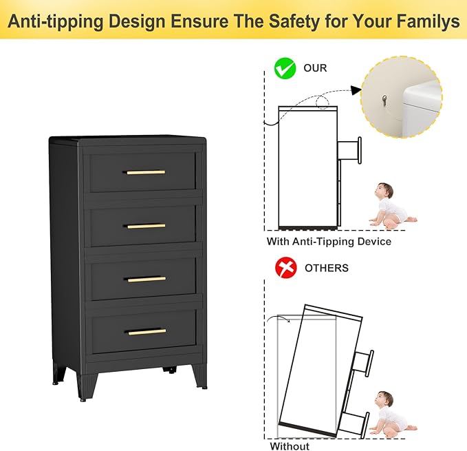 4 Drawers Tall Black Dresser for Bedroom, 44.45" Metal Dressers & Chests of Drawers Curved Corner Design, Storage Organizer Drawer Chest with Large Capacity for Living Room, Entryway, Hallway