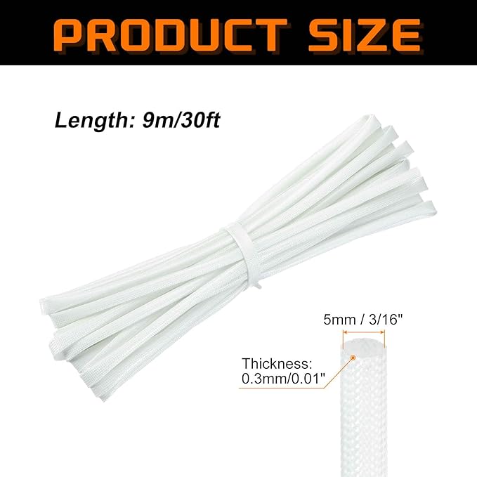 MECCANIXITY 30ft Braided Cable Sleeve, 3/16" ID 200C High Temperature 1500V Fiberglass Wire Insulation Cord Protector Organizer Wires Management for Motor Engine Fuel Line, White