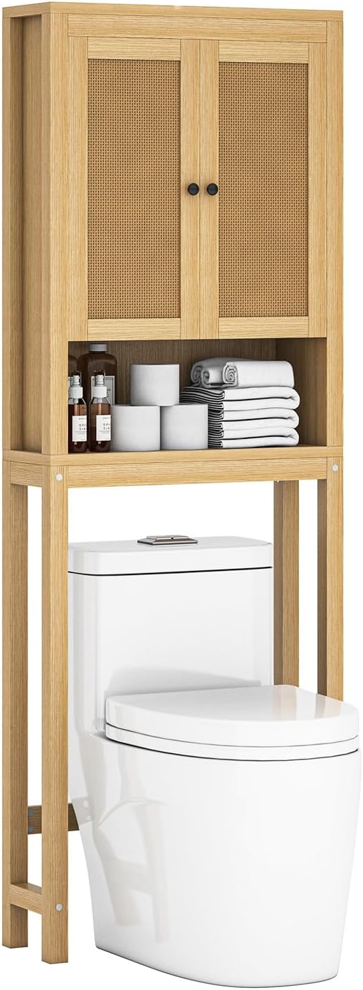 knoworld Rattan Over The Toilet Storage Cabinet, Above Toilet Bathroom Organizer with Adjustable Shelf, Behind Toilet Cabinet, Space Saver for Restroom, Bathroom, Laundry, Wood Rack, Natural