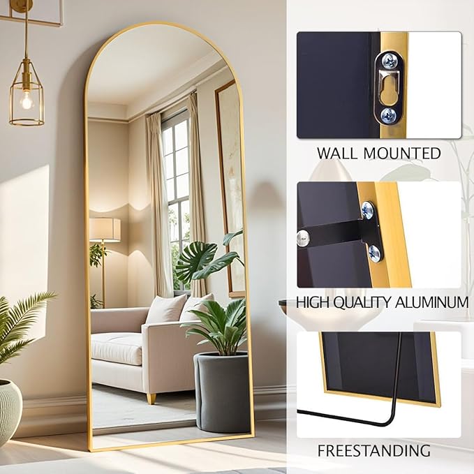Dewfig Arched Full Length Mirror,64"x20" Gold Mirror with Stand, Full Body Mirrors for Leaning Against or Wall Mounted, Large Floor Mirrors for Bedroom, Living Room, Gold