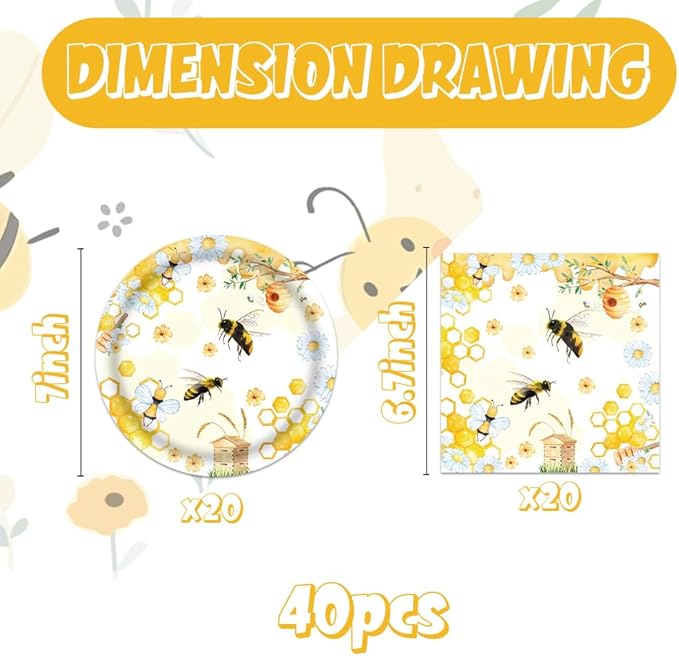 Bee Party Decorations 40Pcs Bees Birthday Paper Plates and Napkins Set Supplies Bee Party Decorations for Bbay Shower Serve 20 Gender Reveal Supplies Serve 20