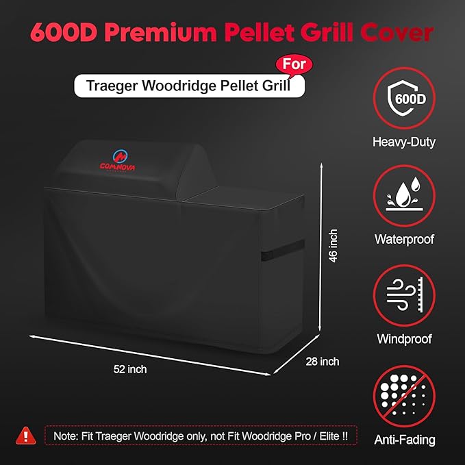 Comnova Grill Cover for Traeger Woodridge - Premium Wood Pellet Smoker Cover for Traeger Waterproof & Heavy Duty, 600D Pellet BBQ Cover Accessory for Treager Woodridge Grills (BAC761)