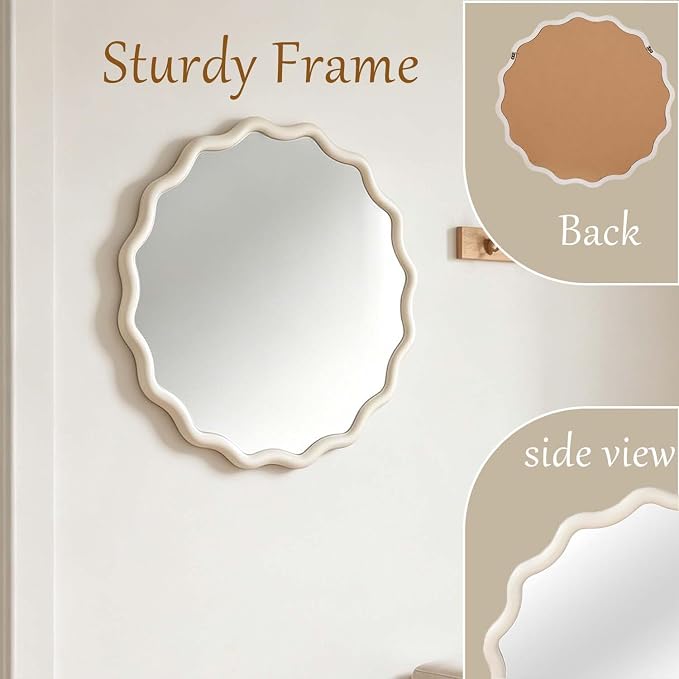 24" Wavy Edge Round Mirror, Solid Wood Framed Wall Decor with Clear Reflection for Bathroom, Bedroom, Living Room & Entryway (White)