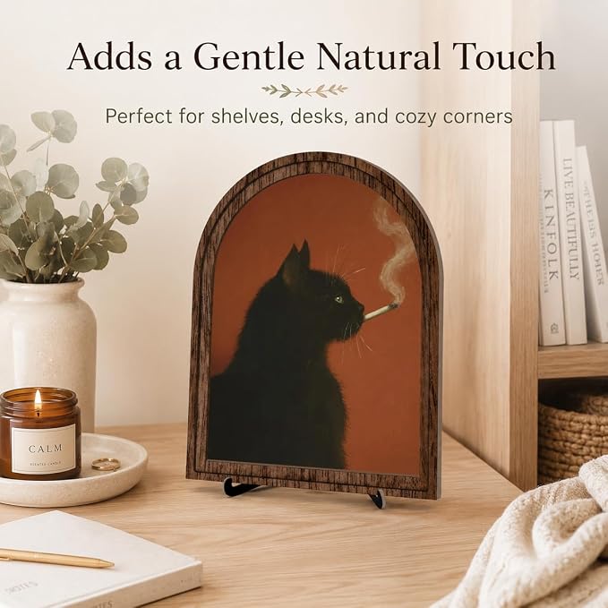 Vintage Black Cat Table Decor Arched Wooden Frame with Stand, Moody Gothic Animal Artwork for Desk Shelf Mantel, Unique Living Room Bedroom Home Decorations