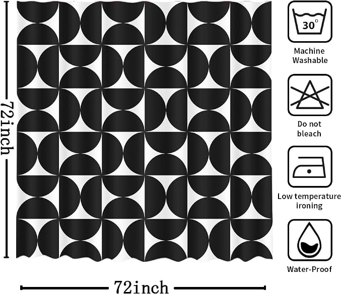 MEHOFOND Vintage Black Shower Curtain Modern Mid Century Abstract Geometric Bathroom Curtain Boho Retro Classic Bathtub Decor Fabric Waterproof Bath Curtain with 12 Hook 72x72 Inch