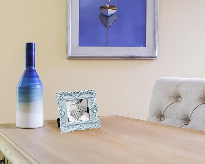 Laura Ashley 4x4 Ornate Textured Hand-Crafted Resin Picture Frame with Easel & Hook for Tabletop & Wall Display, Decorative Floral Design Home Décor, Photo Gallery, Art, More (4x4 Powder Blue)